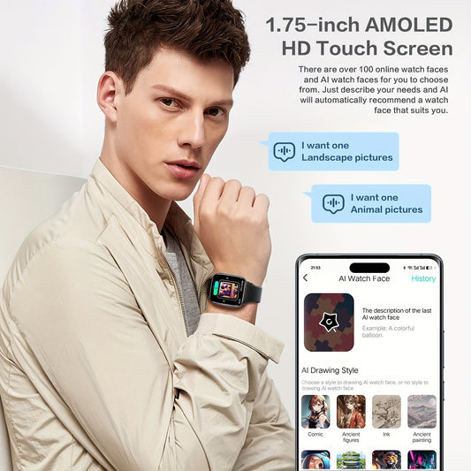 2025 New AI Smart Watch, 1.75 Inch AMOLED Screen, Fitness Watch With Da GPT And Voice Command Control, Wireless Calling, Message Notification, Voice Assistant, Pressure, All-day Sleep Monitoring, Screen-off Clock Always Display, Weather, Alarm, Music, Ped