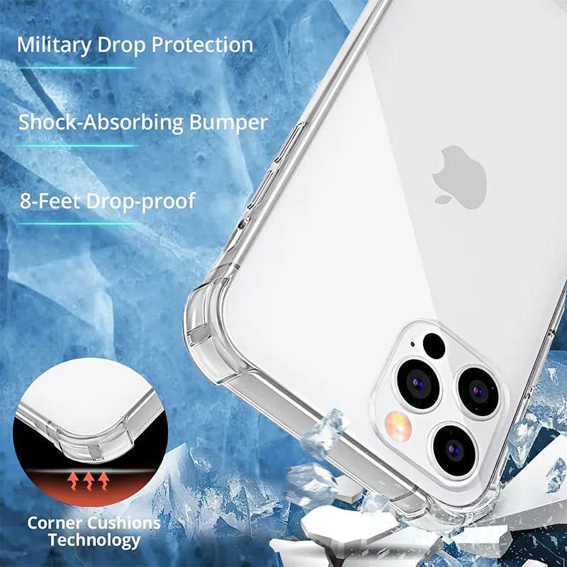 Thick Shockproof Silicone Clear Phone Case For iPhone 11 12 13 14 15 16 Pro Max Mini X XS XR 7 8 Plus SE2 Transparent Soft Cover