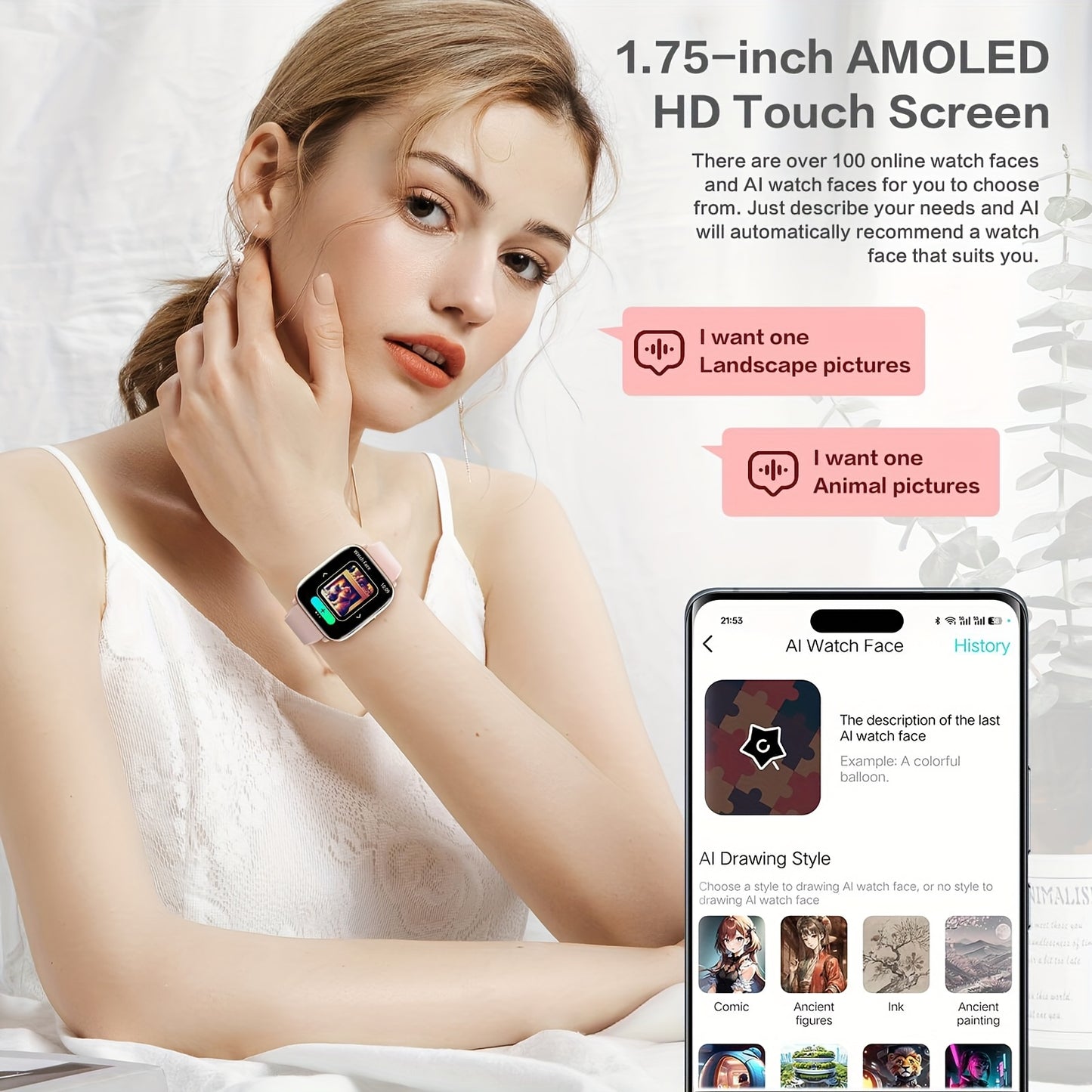 2025 Women's Pink Smartwatch, Intelligent Voice Control, 1.75" AMOLED Screen, Fitness Watch with Da GPT, AI, Wireless Calling, Message Notification, Voice Assistant, 24/7, Pressure And All-Day Sleep Monitoring, Screen-Off Clock Always Display, Weather, Al